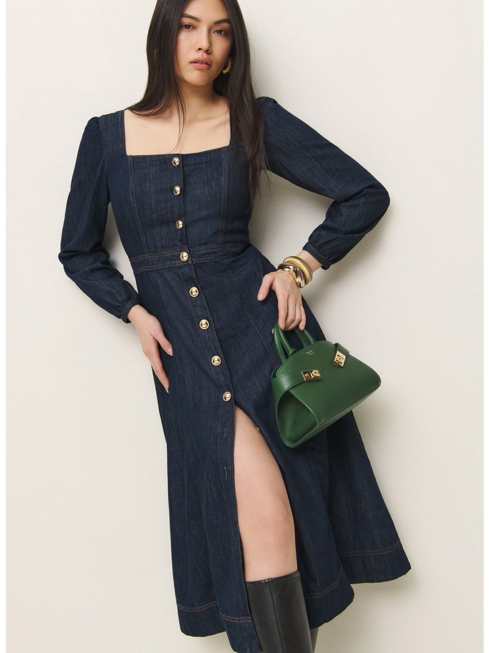 NWT | Reformation Celeste Square Neck Long Sleeve Dark Denim Midi Dress